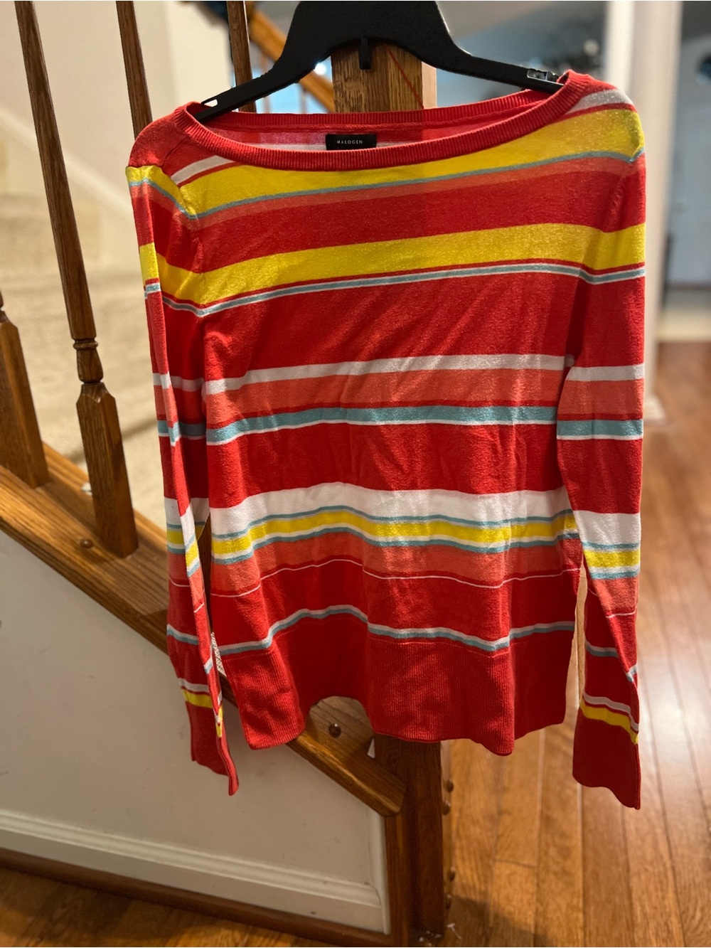 Halogen Red Striped Boatneck Sweater with Yellow, White, Blue Accents